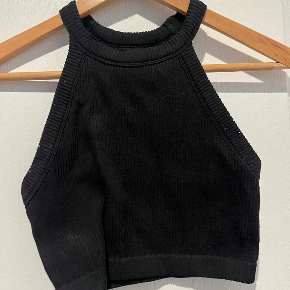 Aerie Black Ribbed High Neck Crop Top – Size S
